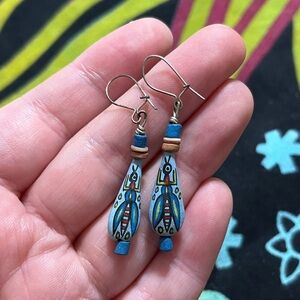 VTG Boho Blue and Red Hand-painted Peruvian Clay Beaded Pierced Earrings